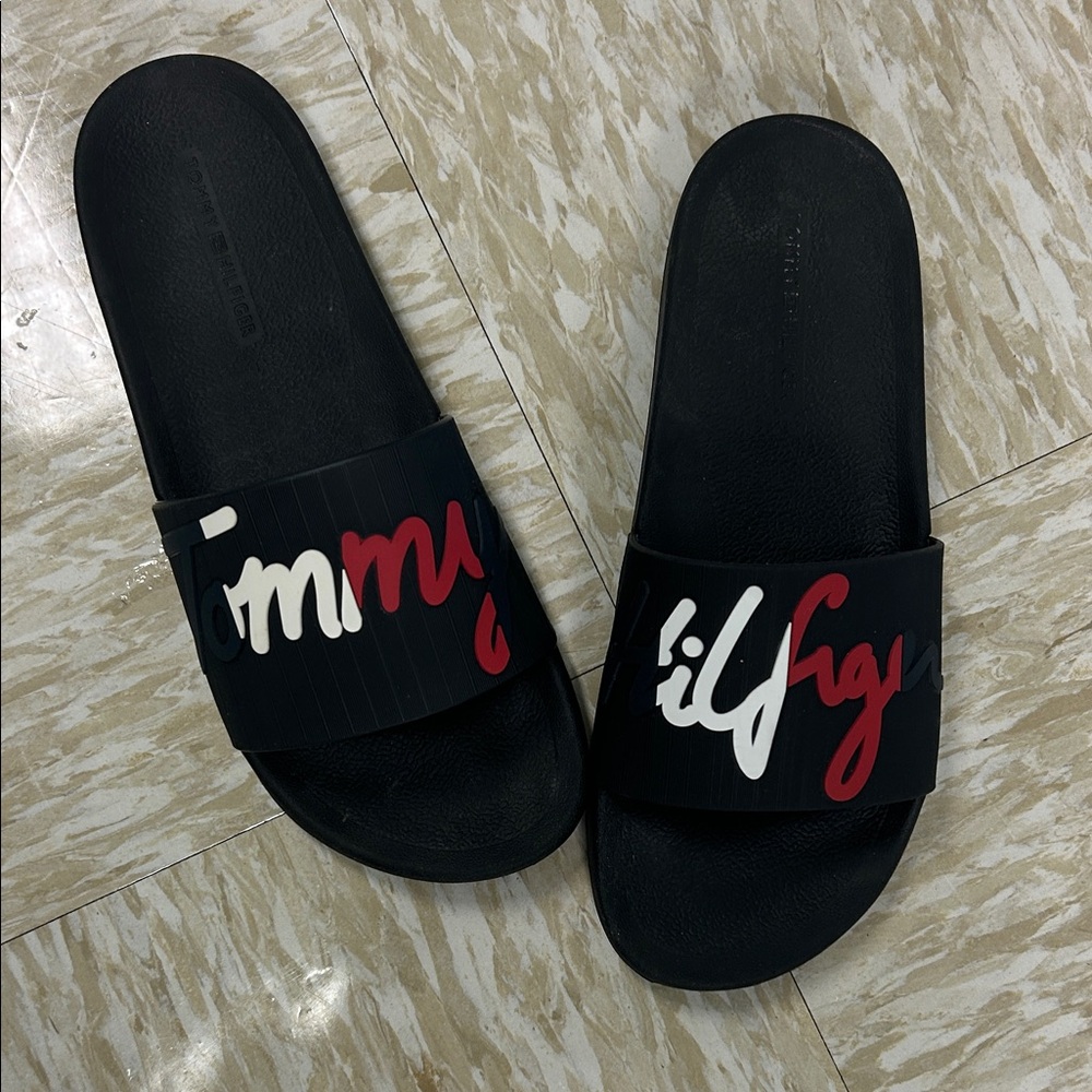 Like New Tommy Hilfiger Black Slides with Red and White Logo